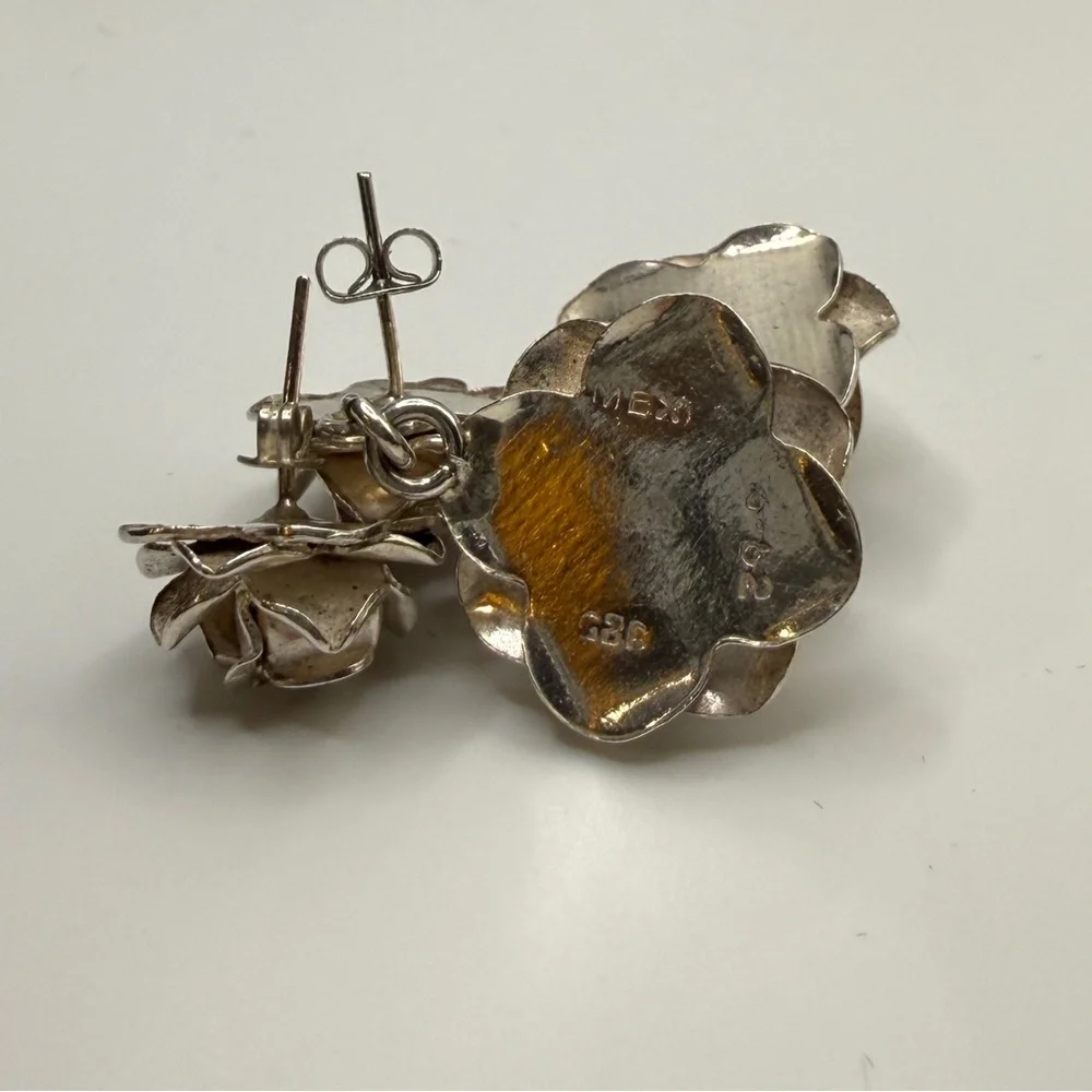VTG Mexican Sterling Silver Rose Dangling Earrings and Pendant. - Picture 13 of 14